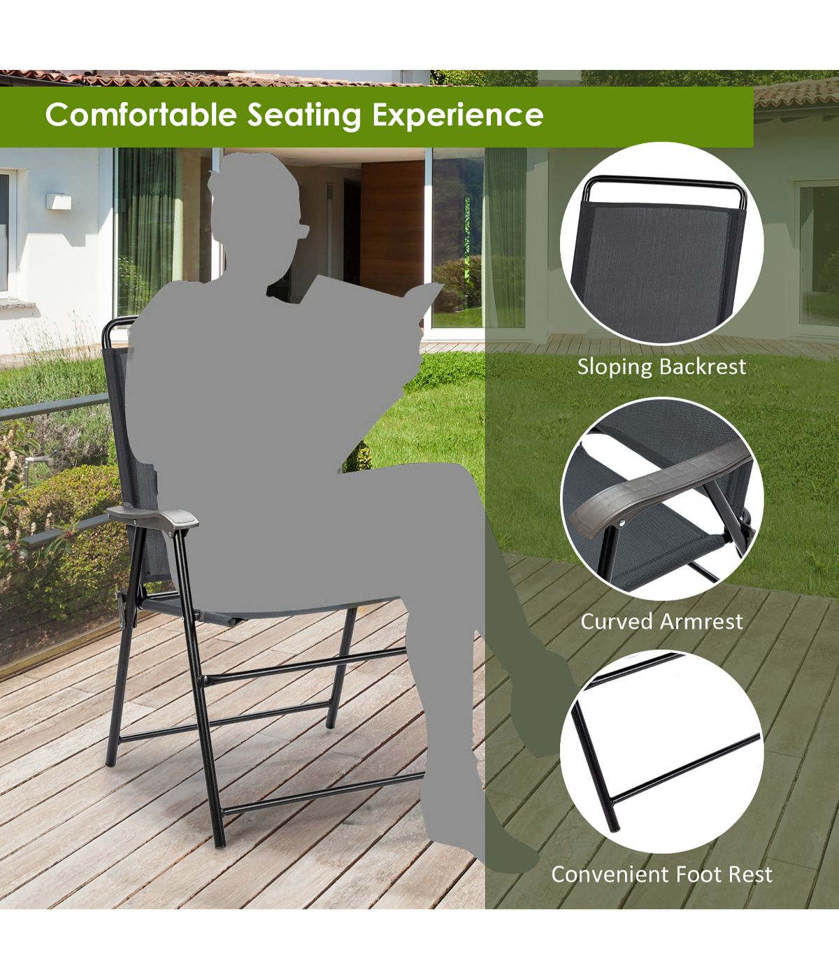 Outdoor Patio Folding Portable Chair For Camping Lawn Garden With Armrest Set of 4 Grey