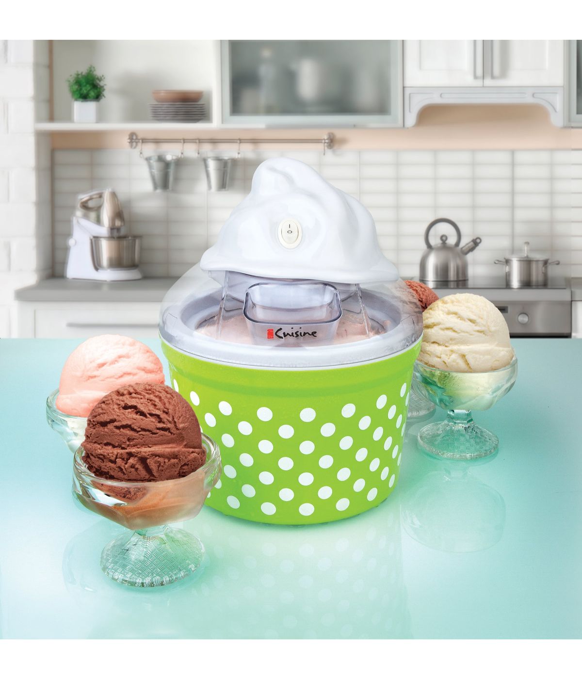  Euro Cuisine Automatic Ice Cream, Sorbet & Frozen Yogurt Maker with 4 Glass Ice Cream Cup Green - Green - Bonton