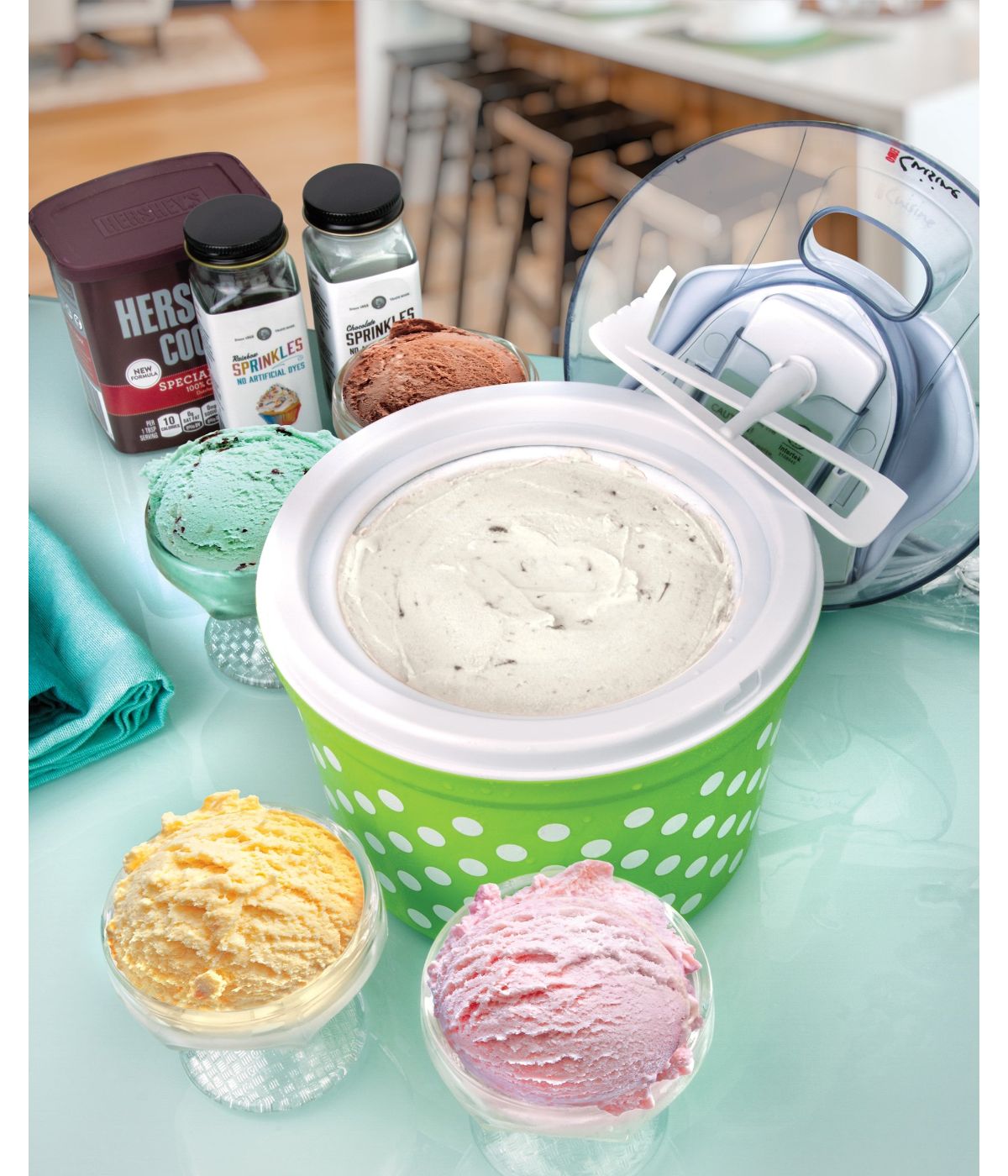  Euro Cuisine Automatic Ice Cream, Sorbet & Frozen Yogurt Maker with 4 Glass Ice Cream Cup Green - Green - Bonton