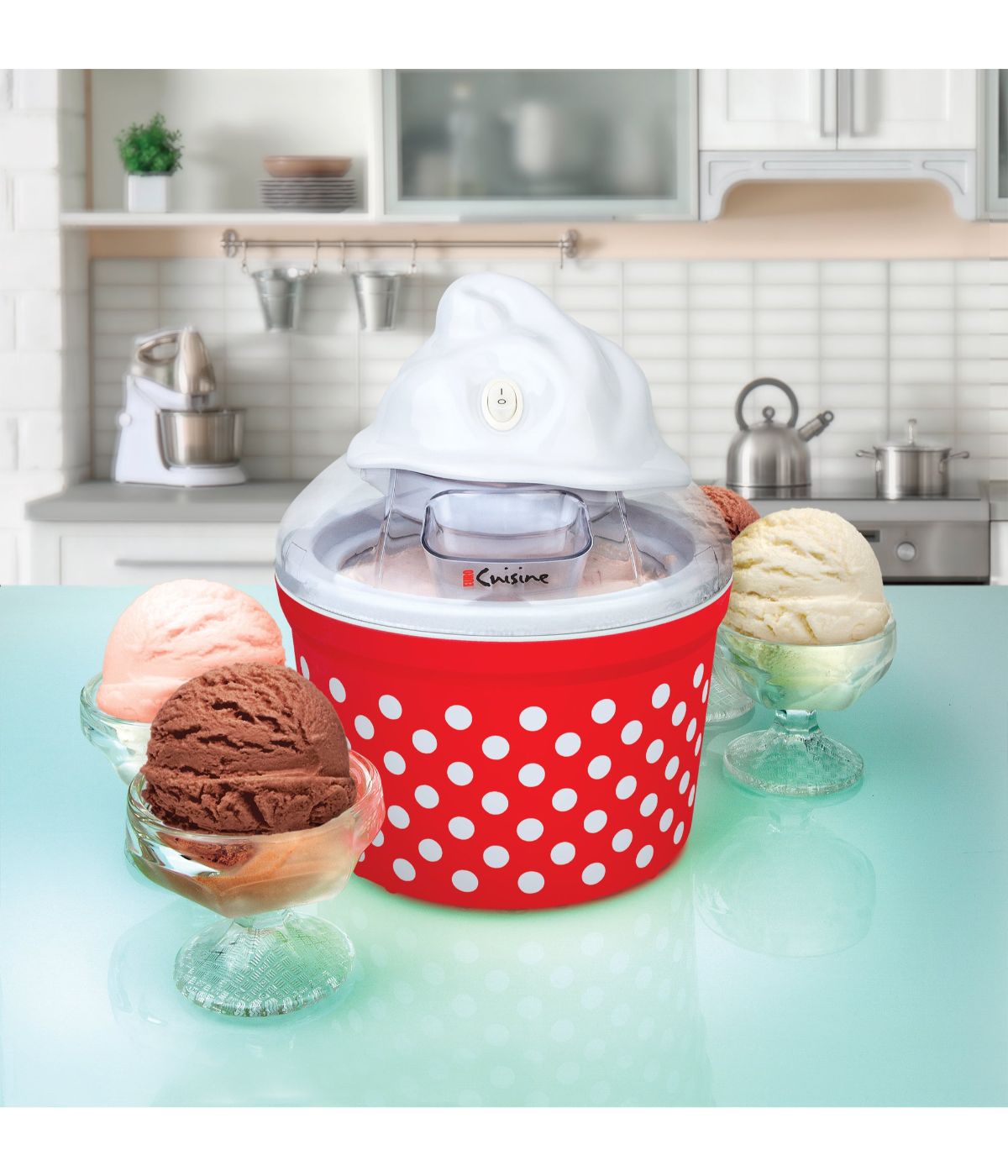  Euro Cuisine Automatic Ice Cream, Sorbet & Frozen Yogurt Maker with 4 Glass Ice Cream Cup Red - Red - Bonton