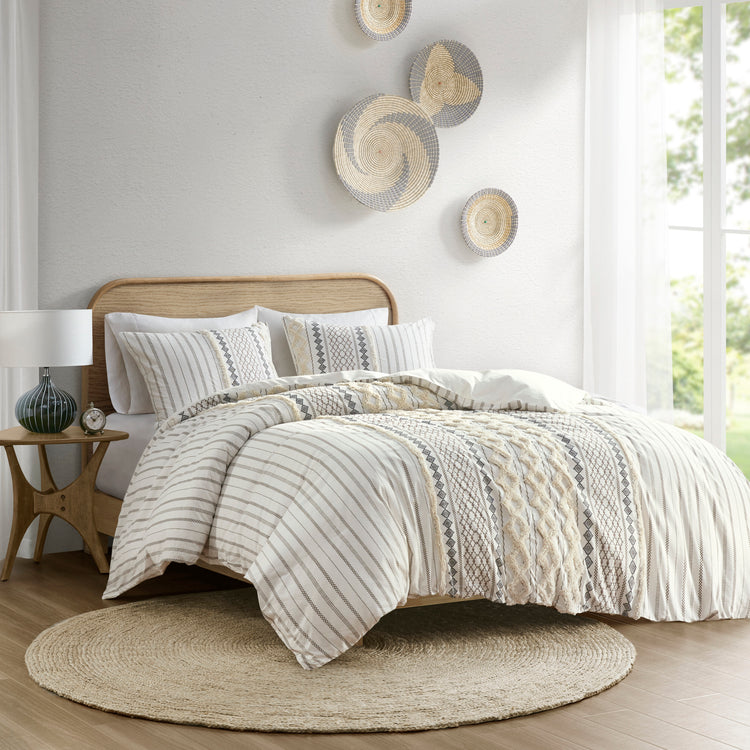 Imani Cotton Printed Comforter Set with Chenille Ivory