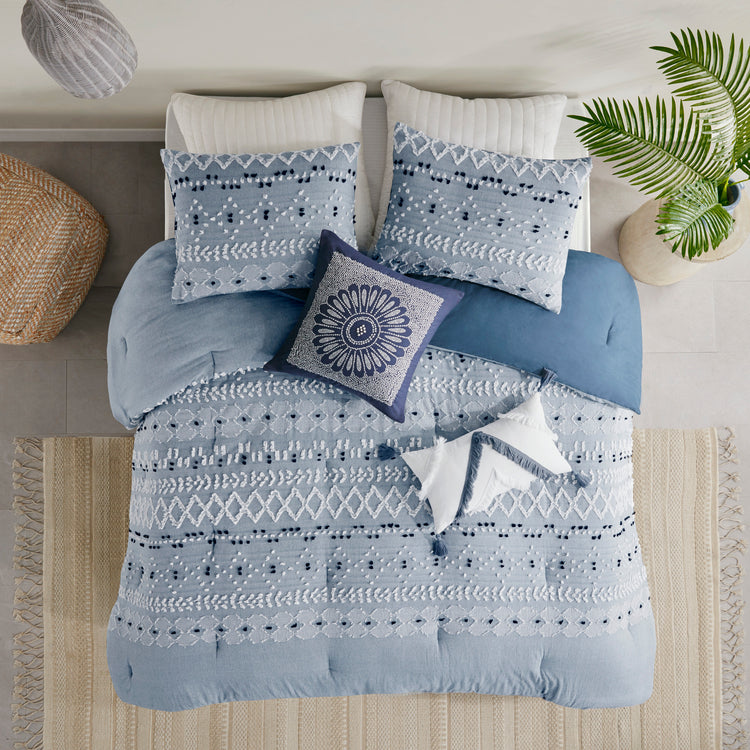 Reva Cotton Oblong Pillow with tassels Off White & Blue