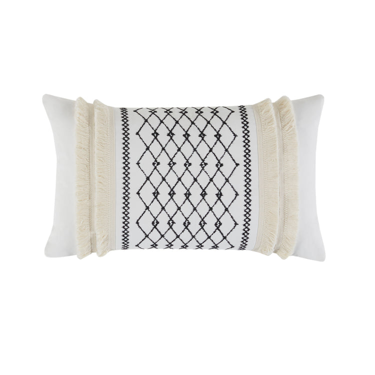 Bea Embroidered Cotton Oblong Pillow with Tassels Ivory