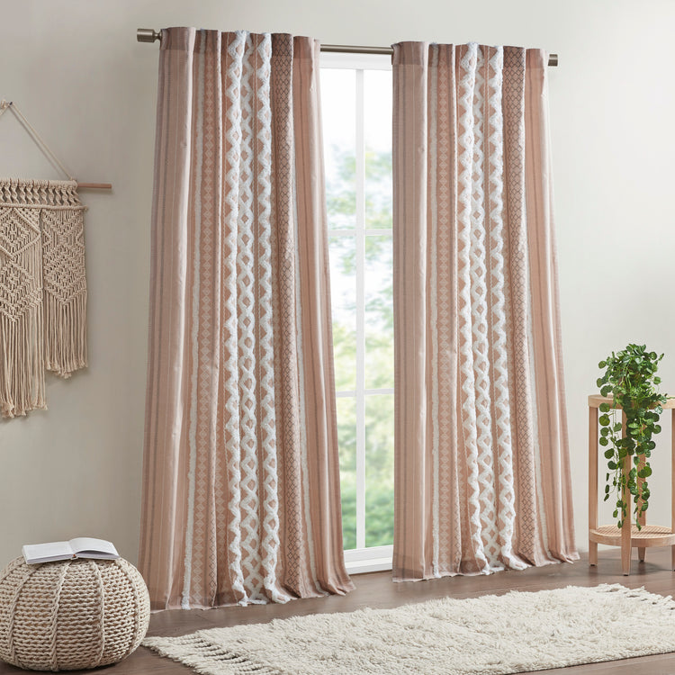 Imani Cotton Printed Curtain Panel with Chenille Stripe and Lining Blush