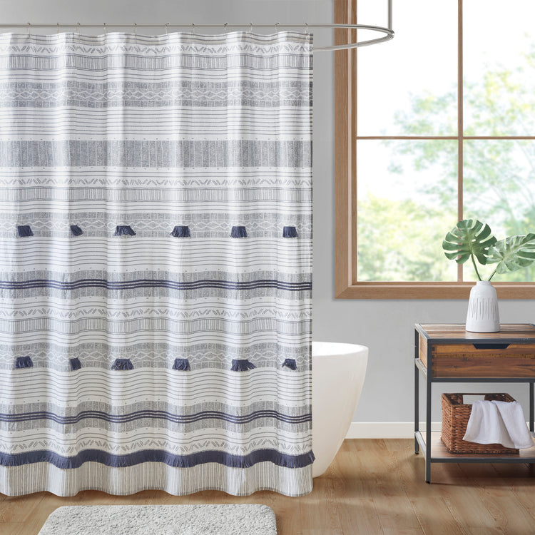 Cody Cotton Stripe Printed Shower Curtain with Tassel Gray & Navy