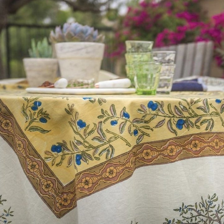  Couleur Nature Olive Tree Khaki/Blue Tablecloth - Khaki/Blue - Bonton