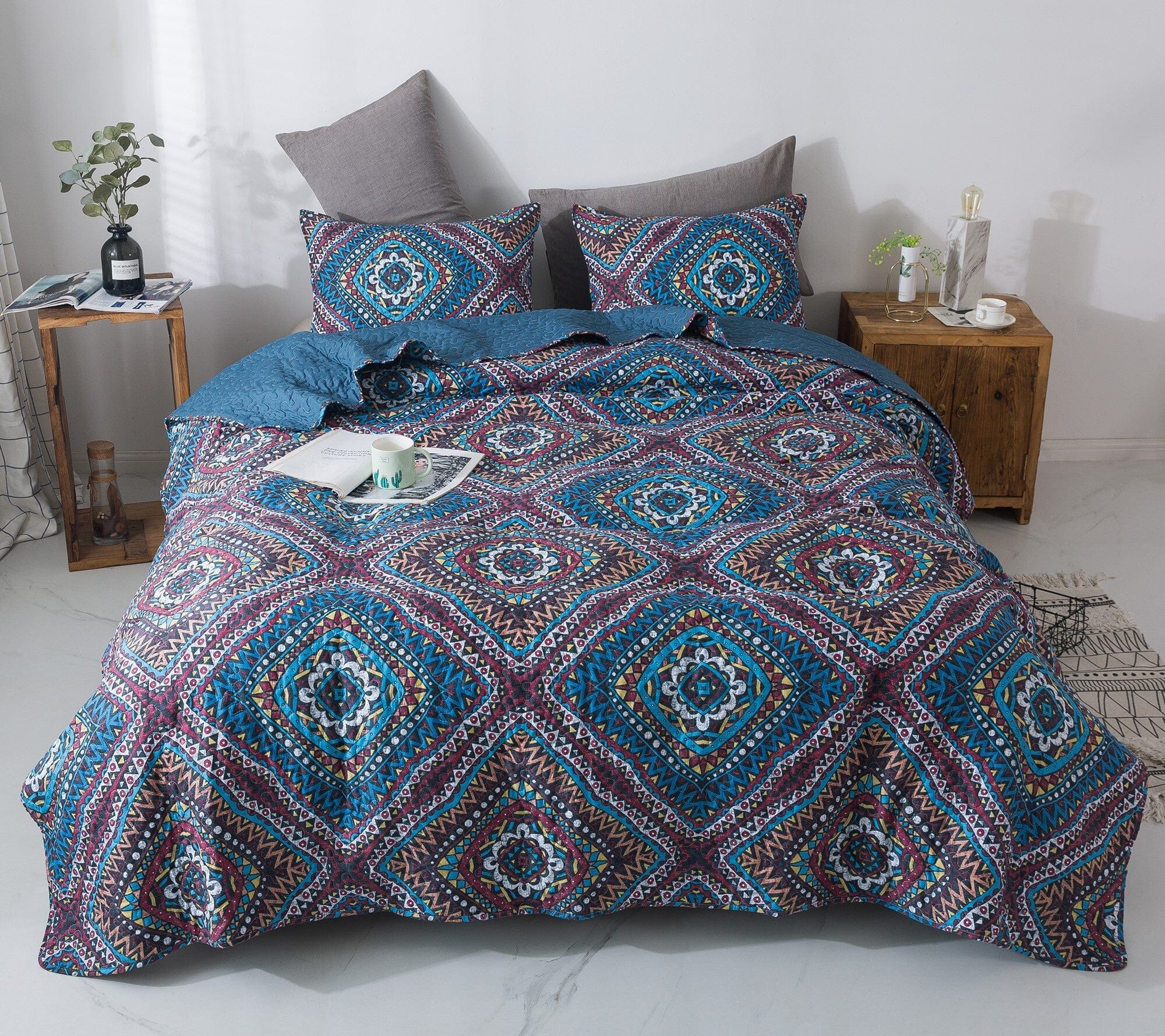  DaDa Bedding Collection DaDa Bedding Farmhouse Bohemian Native Rustic Navy Blue Geometric Diamond Shapes Bedspread Set (KSX-001) by DaDa Bedding Collection - Twin - Bonton