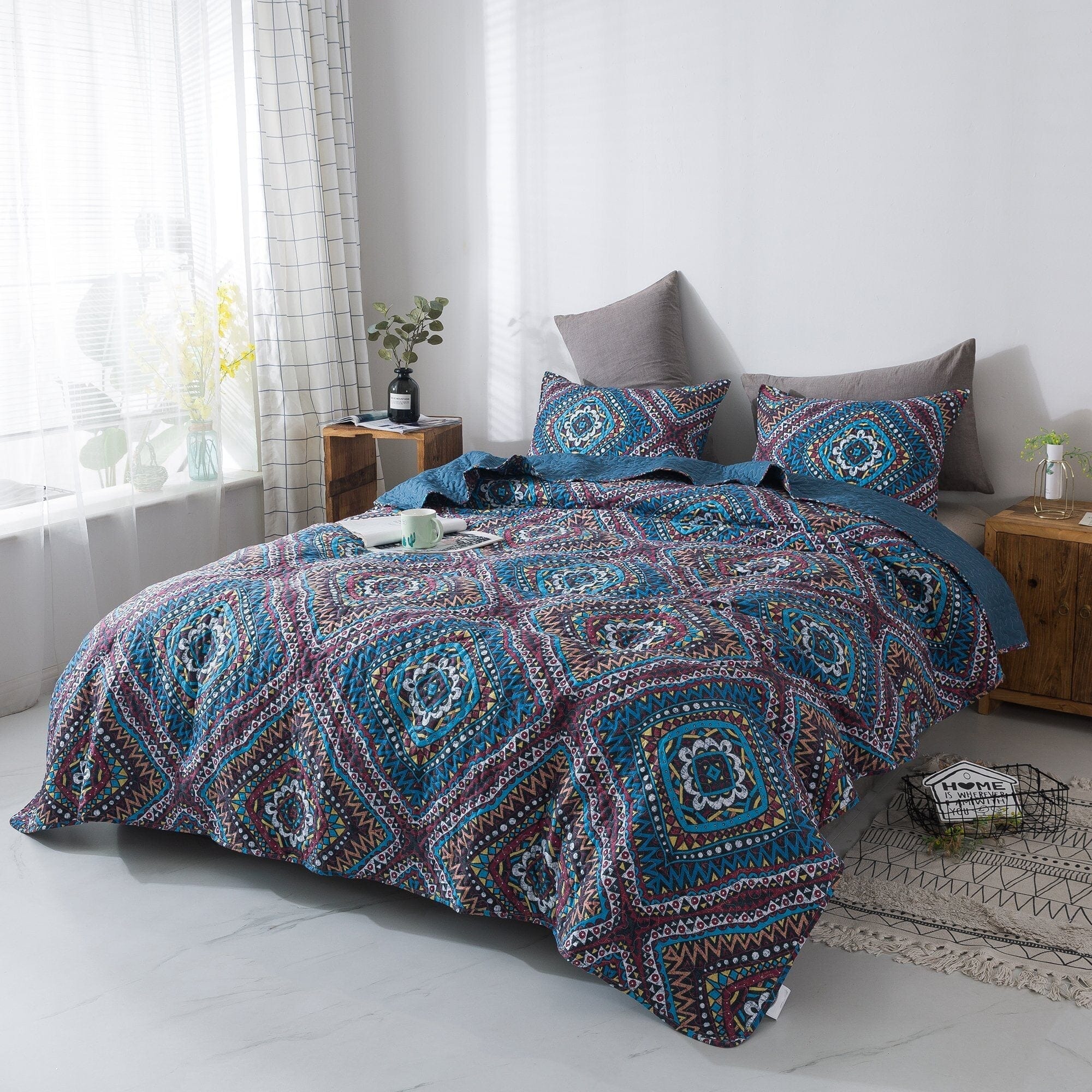  DaDa Bedding Collection DaDa Bedding Farmhouse Bohemian Native Rustic Navy Blue Geometric Diamond Shapes Bedspread Set (KSX-001) by DaDa Bedding Collection - Twin - Bonton