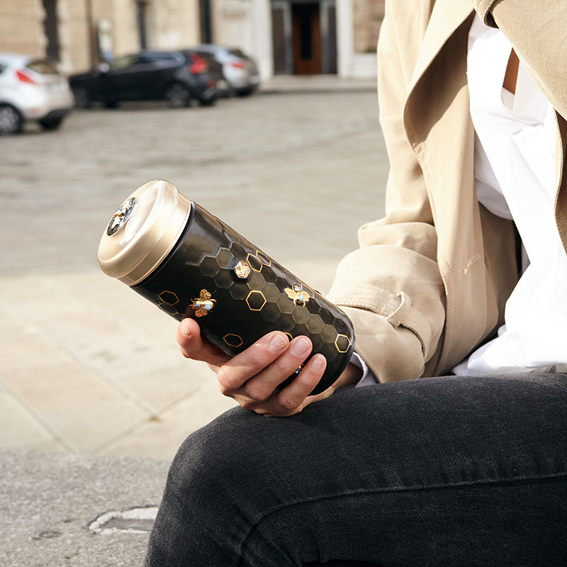  Acera Honey Bee Travel Mug With Crystals - Matte Blue and Hand Painted Gold Bees with Crystals - Bonton