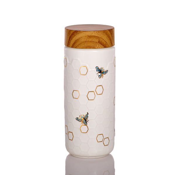  Acera Honey Bee Ceramic Travel Mug / Gold 12.3 Oz - Black and Hand-Painted Gold Bees - Bonton