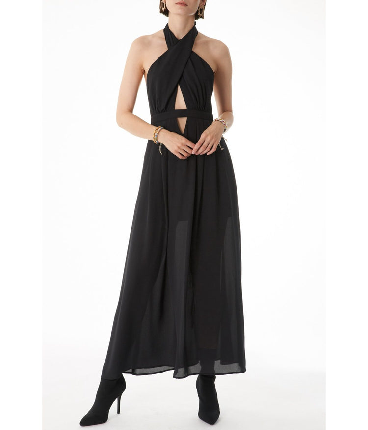 Ivi Tie Around Cross Halter Neck with Pleated Front Panel Maxi Dress Black