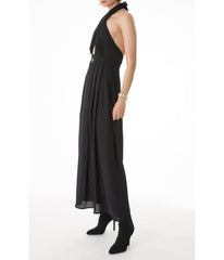 Ivi Tie Around Cross Halter Neck with Pleated Front Panel Maxi Dress Black