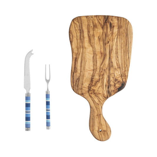 Jubilee Cheese Knife, Fork, and Olive Wood Board Set - Shades of Denim