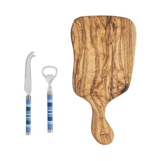 Jubilee Cheese Knife, Bottle Opener and Olive Wood Board Set - Shades of Denim