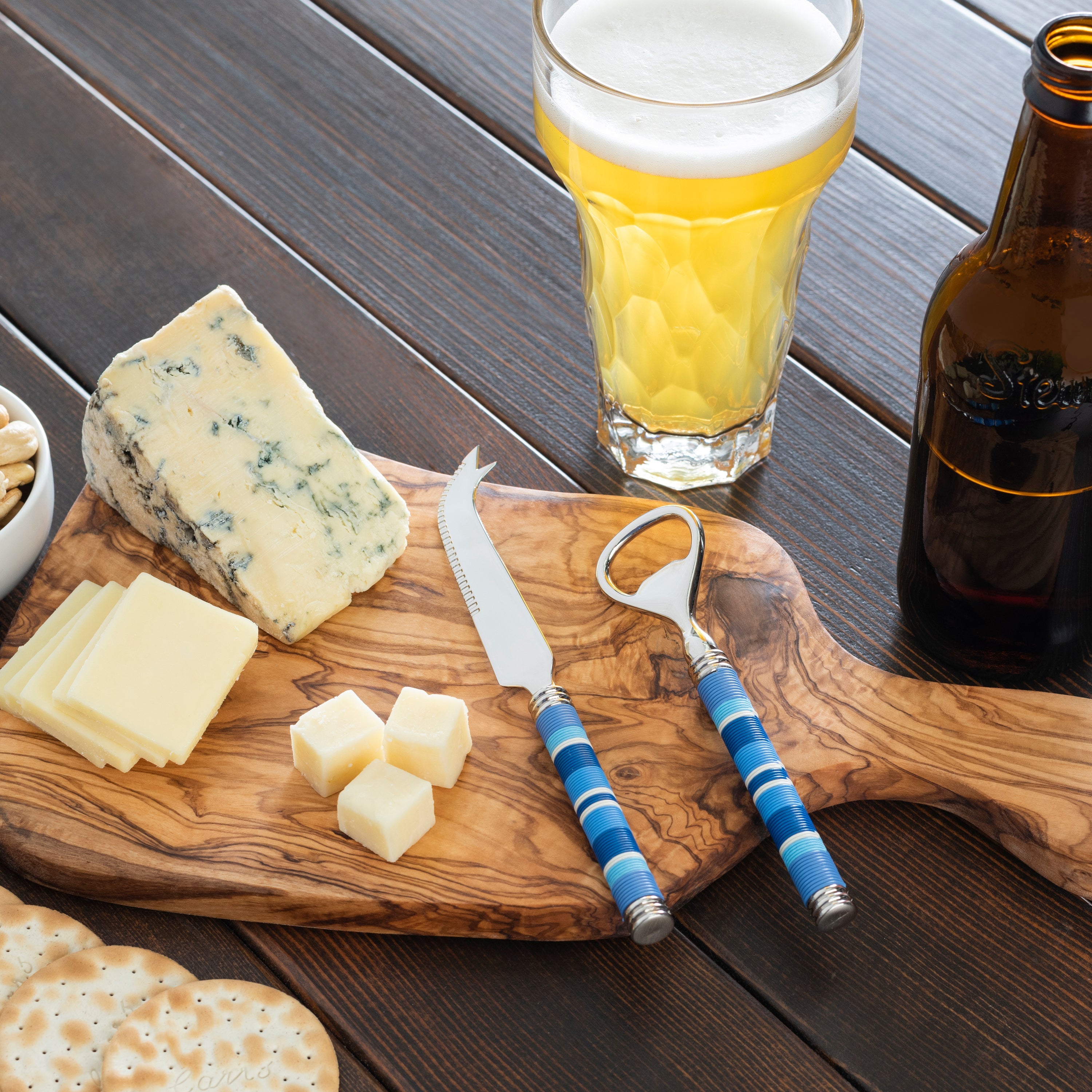  French Home Jubilee Cheese Knife, Bottle Opener and Olive Wood Board Set - Shades of Denim - Default Title - Bonton