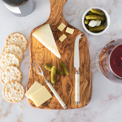 Jubilee Cheese Knife, Fork, and Olive Wood Board Set - Shades of Light