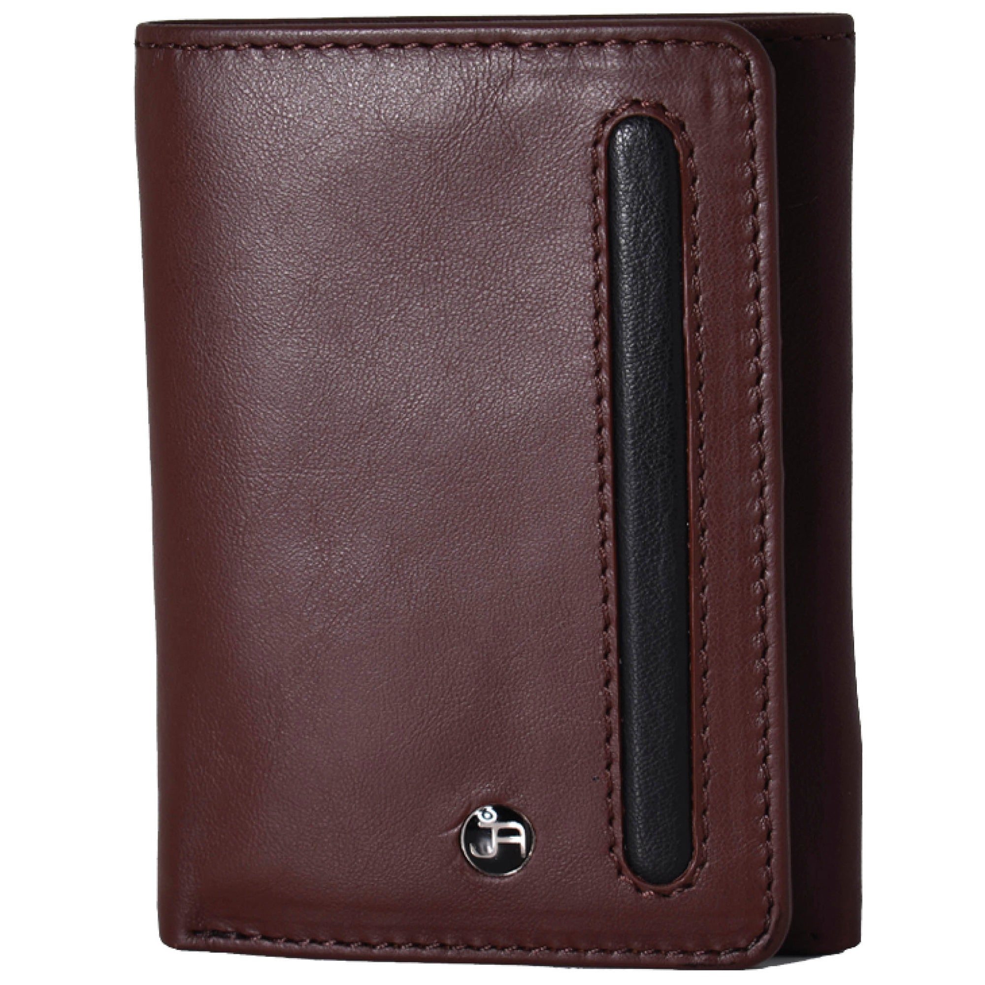  Jack Abrahams Leather Tri-fold RIFD Wallet with ID Window Pocket - Brown With Black Trim - Bonton