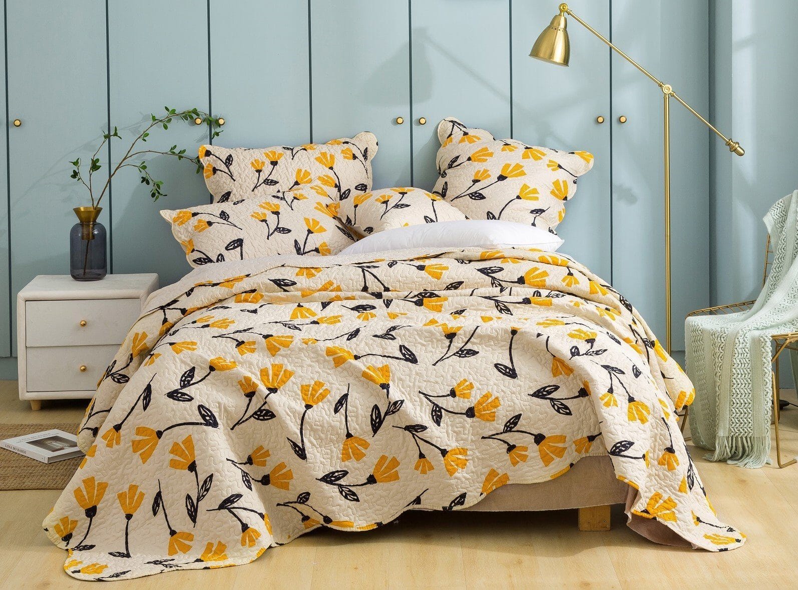  DaDa Bedding Collection DaDa Bed in a Bag Bundle Set - Yellow Fleur Botanical Ivory Tan Floral Bedding Set (18112) by DaDa Bedding Collection - Twin - Bonton