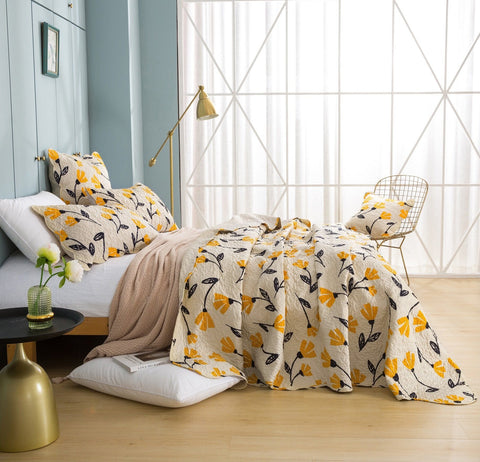 DaDa Bedding Yellow Fleur Floral Golden Orange Ivory Cream Scalloped Bedspread Set (18112) by DaDa Bedding Collection