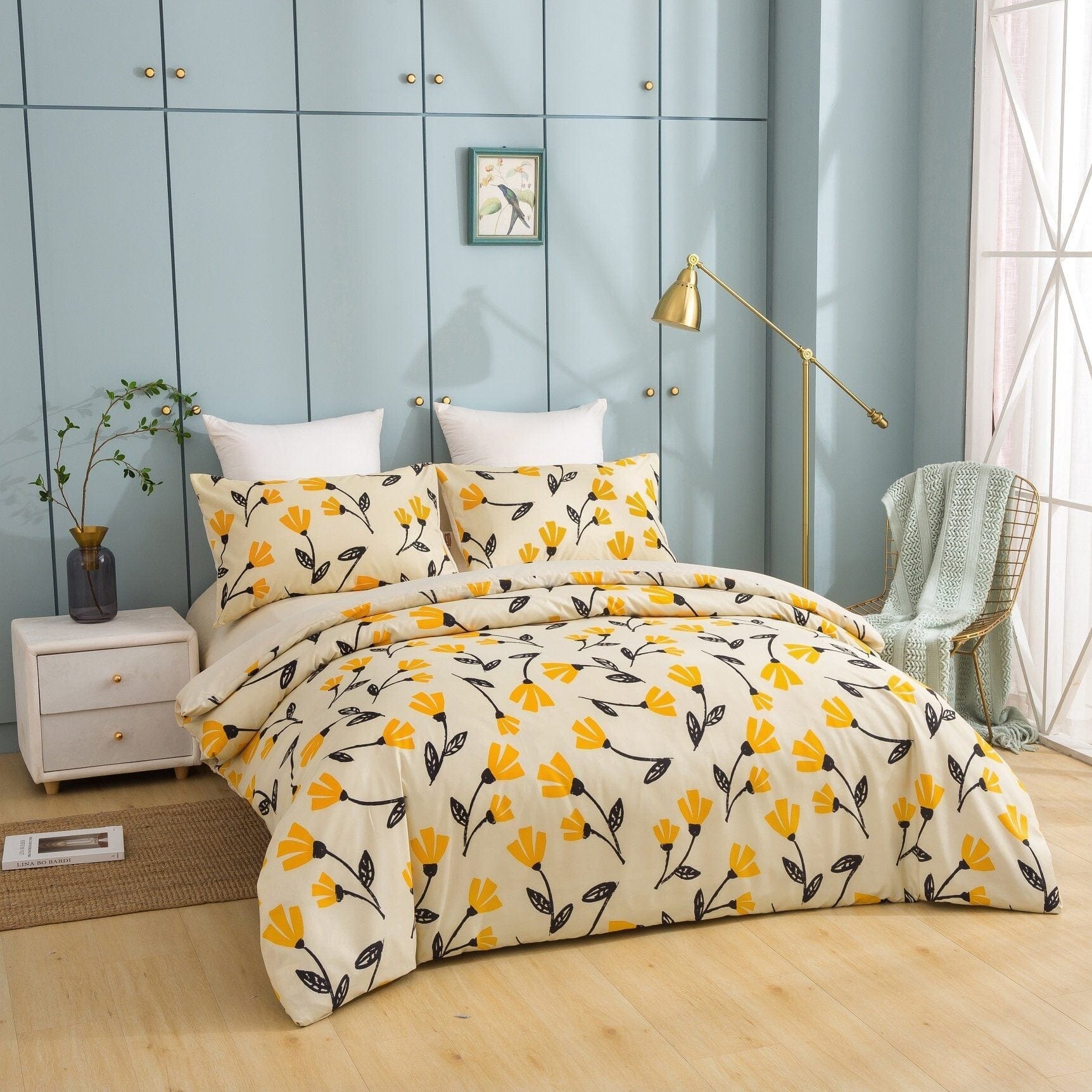  DaDa Bedding Collection DaDa Bedding Yellow Fleur Floral Golden Orange Ivory Duvet Cover Set w/ Pillow Cases (18112) by DaDa Bedding Collection - California King - Bonton