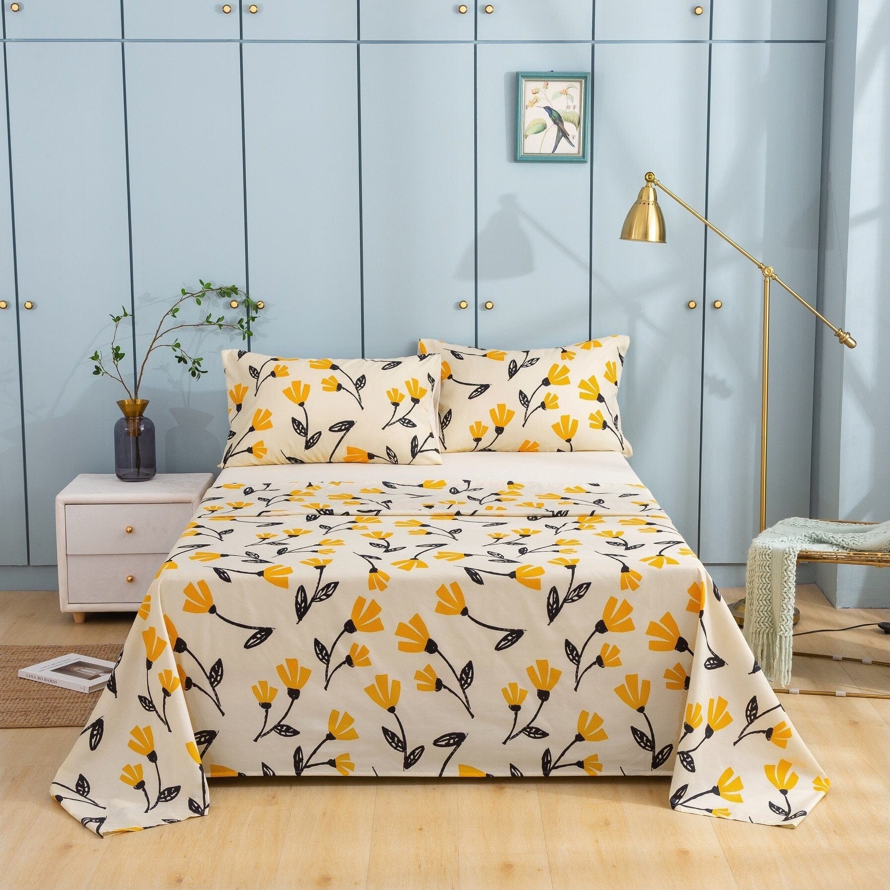  DaDa Bedding Collection DaDa Bed in a Bag Bundle Set - Yellow Fleur Botanical Ivory Tan Floral Bedding Set (18112) by DaDa Bedding Collection - Twin - Bonton