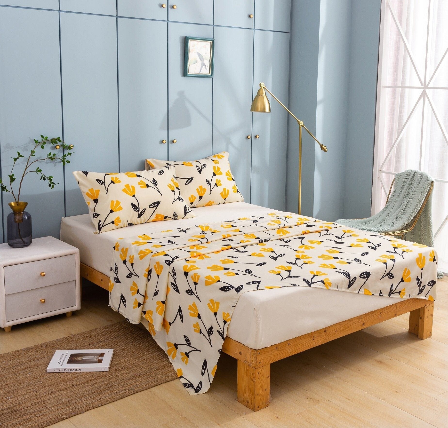  DaDa Bedding Collection DaDa Bedding Yellow Fleur Golden Orange Botanical Ivory Duvet Cover & Fitted Flat Bed Sheets Set w/ Pillow Cases Window Valances (18112) by DaDa Bedding Collection - Twin - Bonton