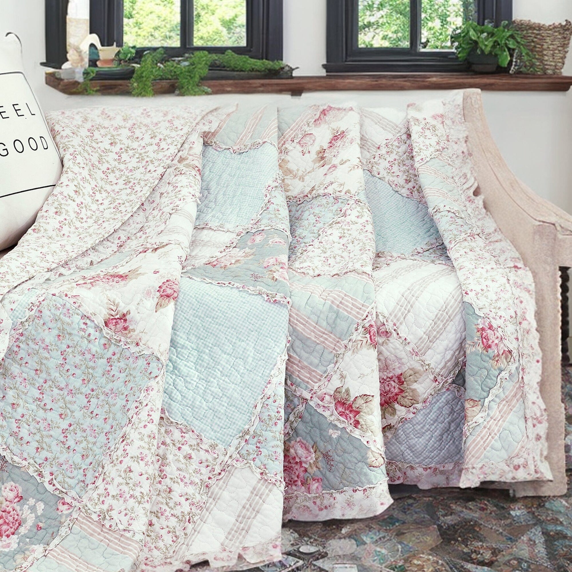  DaDa Bedding Collection DaDa Bedding Cotton Cottage Floral Patchwork Quilted Throw Blanket - Reversible Hint of Mint - Ruffle Pastel Light Pink Blue/Green - 50 x 60 by DaDa Bedding Collection - Default Title - Bonton