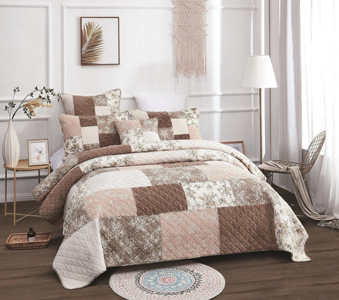 DaDa Bedding Dusty Rose Taupe Beige Brown Floral Cottage Patchwork Quilted Bedspread Set (JHW-866) by DaDa Bedding Collection