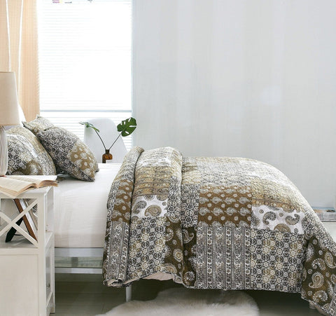 DaDalogy Bedding Bed in a Bag Bundle Set - Bohemian Paisley Dreams Floral Olive Brown Patchwork Bedspread Set (JHW885) - DaDa Bedding Collection