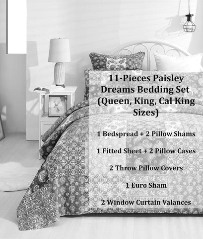DaDalogy Bedding Bed in a Bag Bundle Set - Bohemian Paisley Dreams Floral Olive Brown Patchwork Bedspread Set (JHW885) - DaDa Bedding Collection