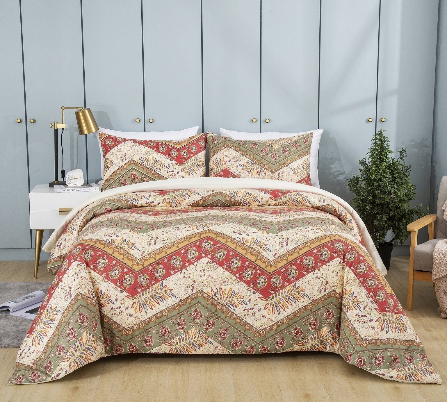  DaDa Bedding Collection DaDa Bedding Botanical Cranberry Sage Chevron Floral Duvet Cover Set w/ Pillow Cases (JHW-924) by DaDa Bedding Collection - Twin - Bonton