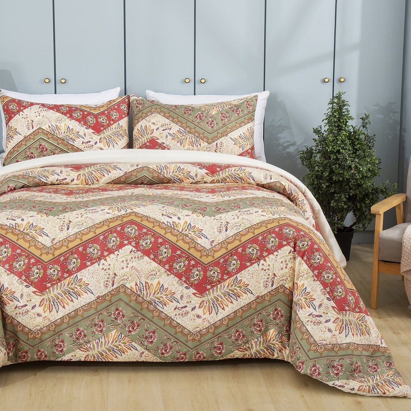  DaDa Bedding Collection DaDa Bedding Botanical Cranberry Sage Chevron Floral Duvet Cover Set w/ Pillow Cases (JHW-924) by DaDa Bedding Collection - Twin - Bonton