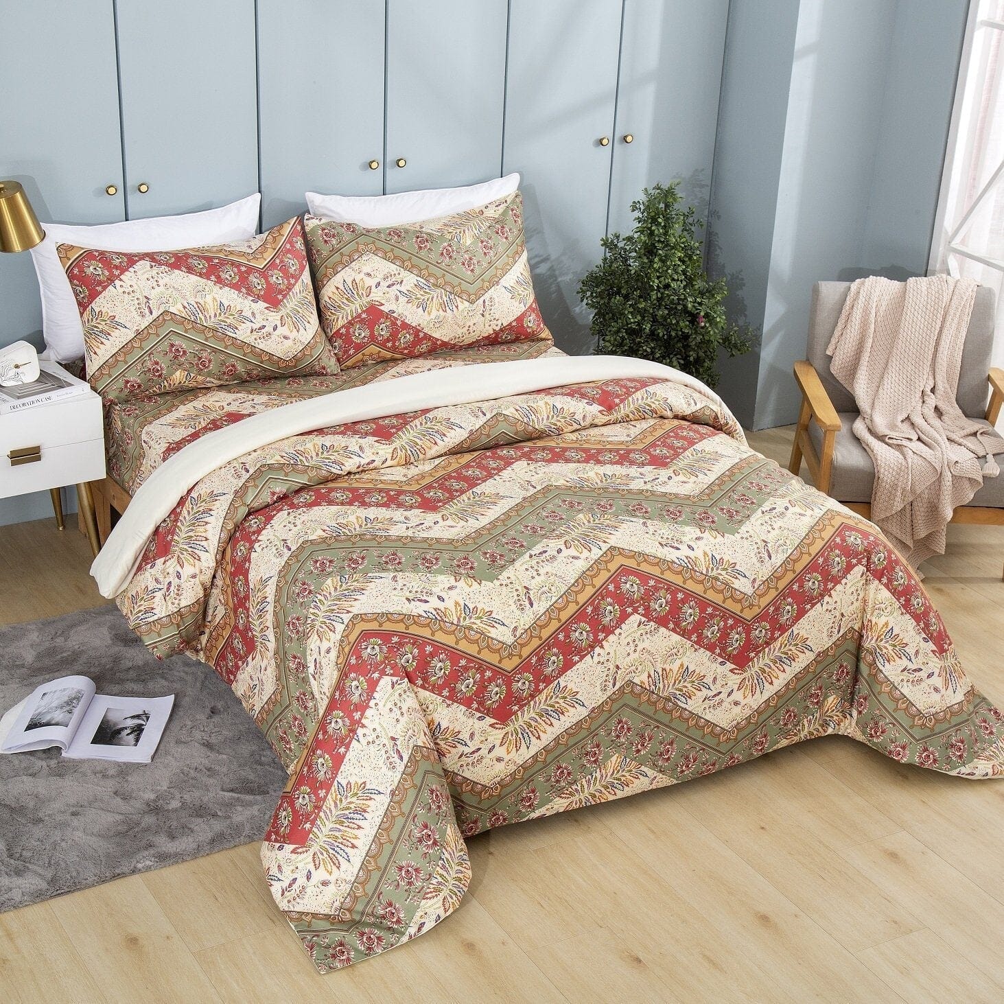  DaDa Bedding Collection DaDa Bedding Botanical Cranberry Sage Chevron Floral Duvet Cover Set w/ Pillow Cases (JHW-924) by DaDa Bedding Collection - Twin - Bonton