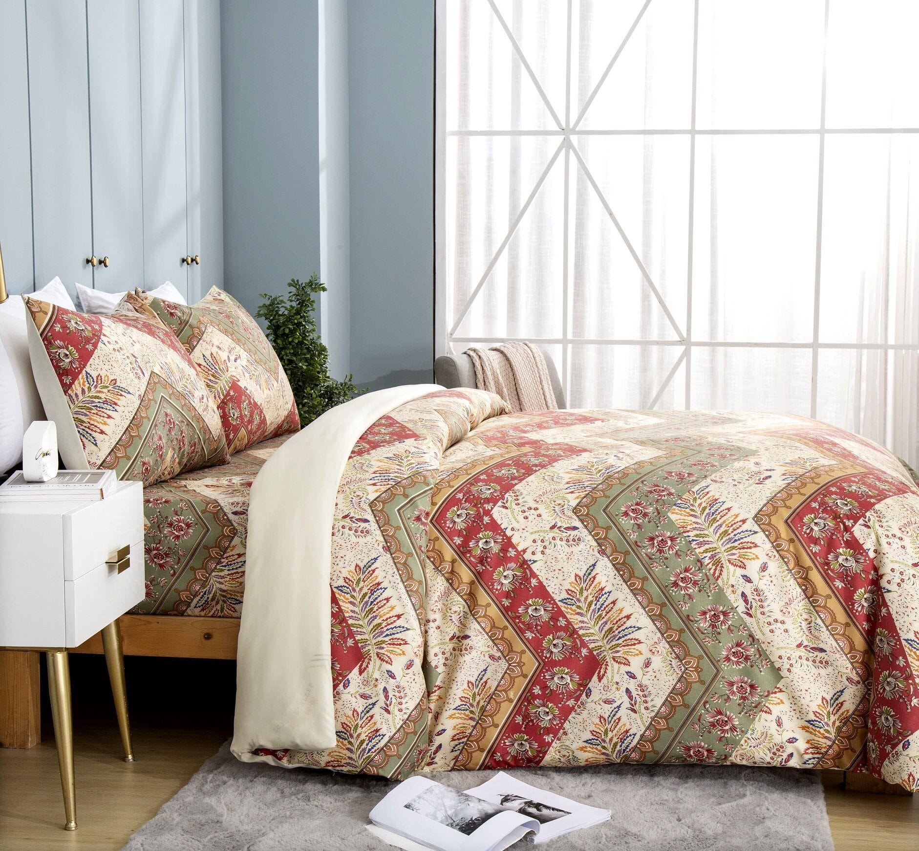  DaDa Bedding Collection DaDa Bedding Botanical Cranberry Sage Chevron Floral Duvet Cover Set w/ Pillow Cases (JHW-924) by DaDa Bedding Collection - Twin - Bonton
