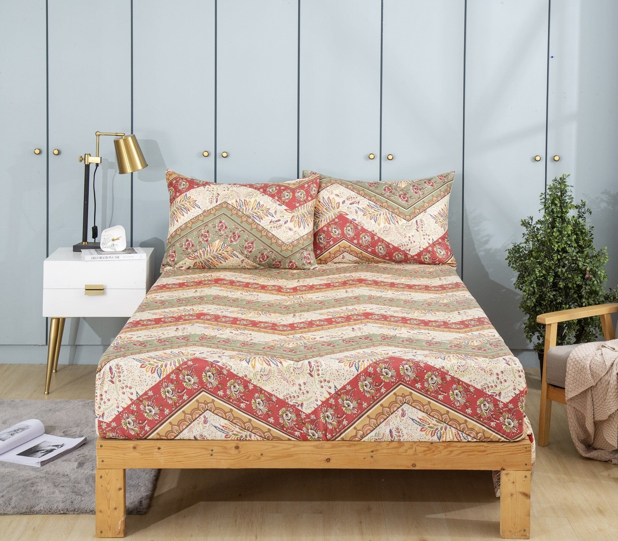  DaDa Bedding Collection DaDa Bedding Botanical Cranberry Sage Chevron Floral Fitted Bed Sheet w/ Pillow Cases (JHW-924-Fitted) by DaDa Bedding Collection - Twin - Bonton