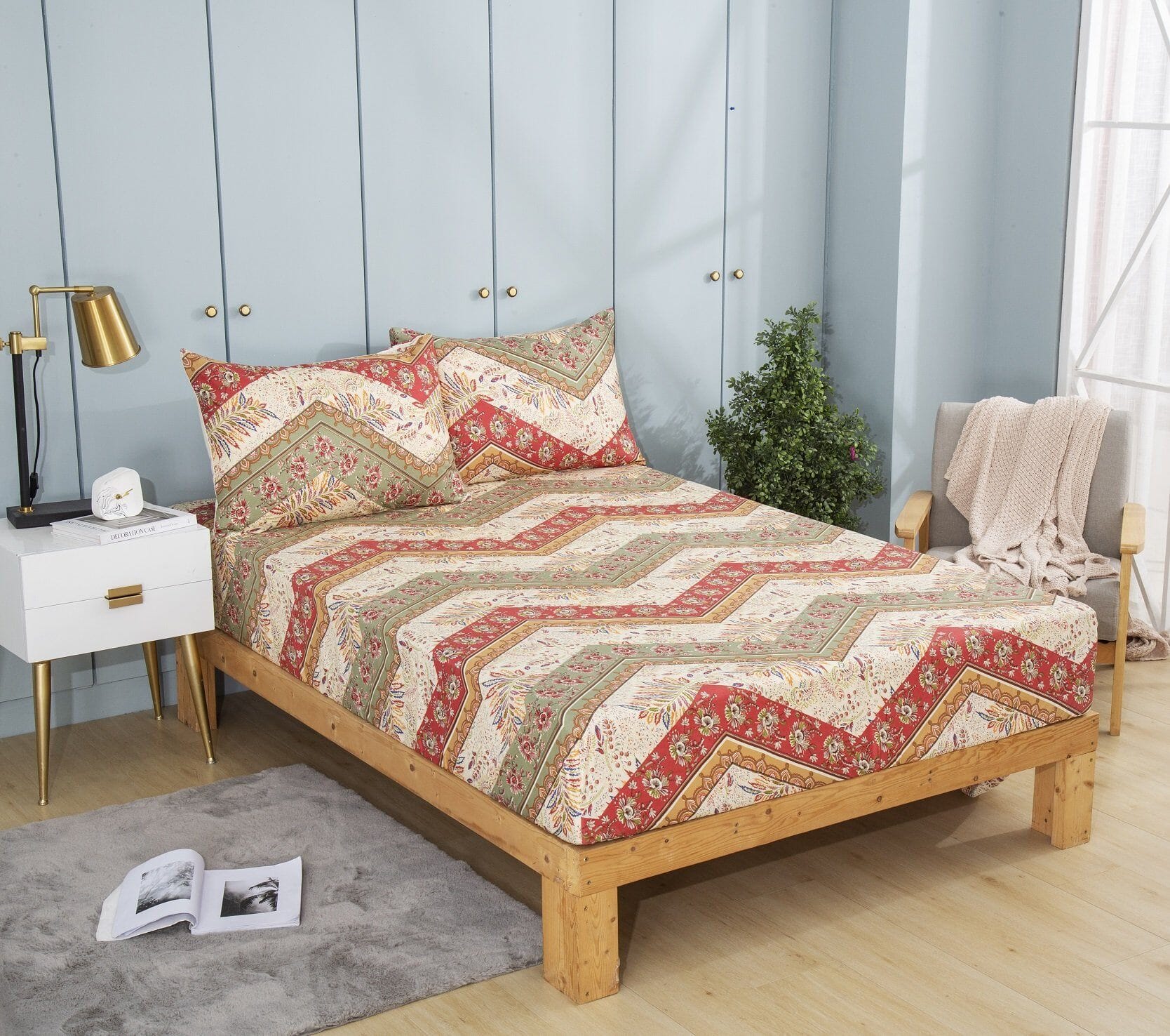  DaDa Bedding Collection DaDa Bedding Botanical Cranberry Sage Chevron Floral Fitted Bed Sheet w/ Pillow Cases (JHW-924-Fitted) by DaDa Bedding Collection - Twin - Bonton