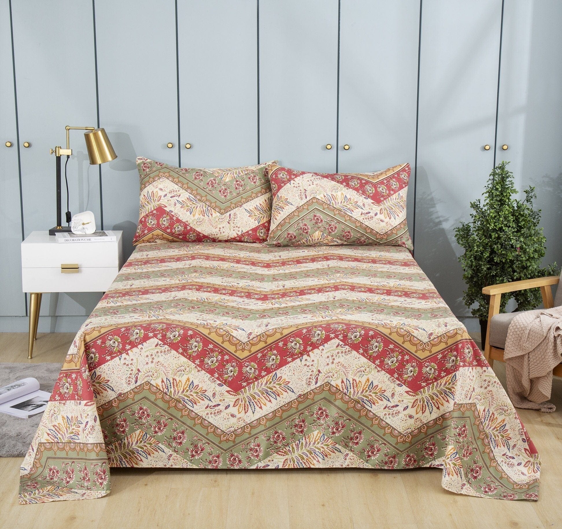  DaDa Bedding Collection DaDa Bedding Botanical Cranberry Sage Chevron Floral Flat Bed Sheet w/ Pillowcases (JHW-924-Flat) by DaDa Bedding Collection - Twin - Bonton