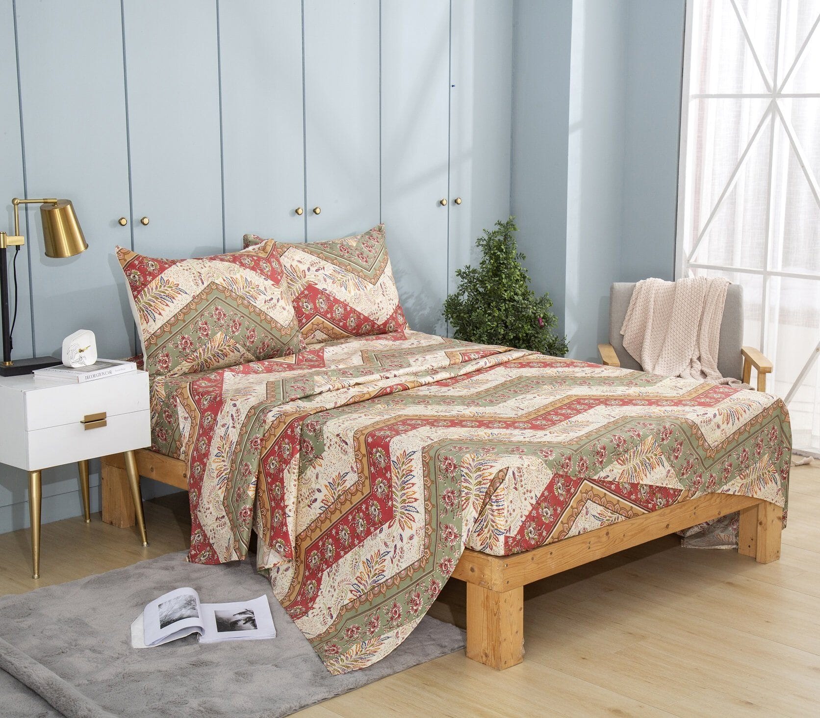  DaDa Bedding Collection DaDa Bedding Botanical Cranberry Sage Chevron Floral Flat Bed Sheet w/ Pillowcases (JHW-924-Flat) by DaDa Bedding Collection - Twin - Bonton