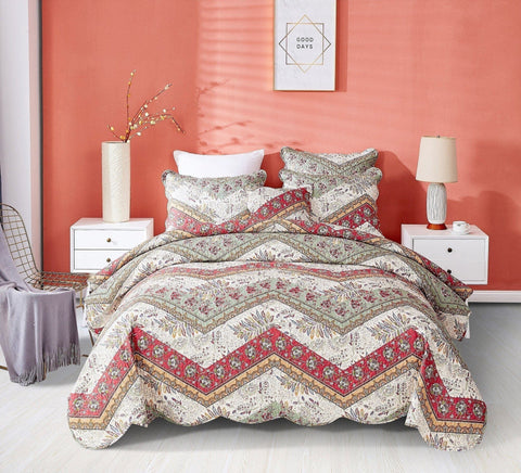 DaDa Bedding Rustic Bohemian Cranberry Sage Chevron Floral Bedspread Set (JHW-924) by DaDa Bedding Collection