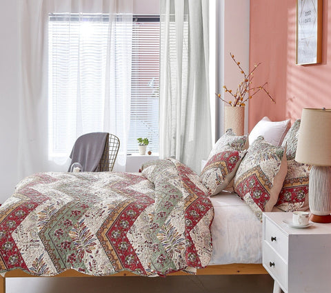 DaDa Bedding Rustic Bohemian Cranberry Sage Chevron Floral Bedspread Set (JHW-924) by DaDa Bedding Collection