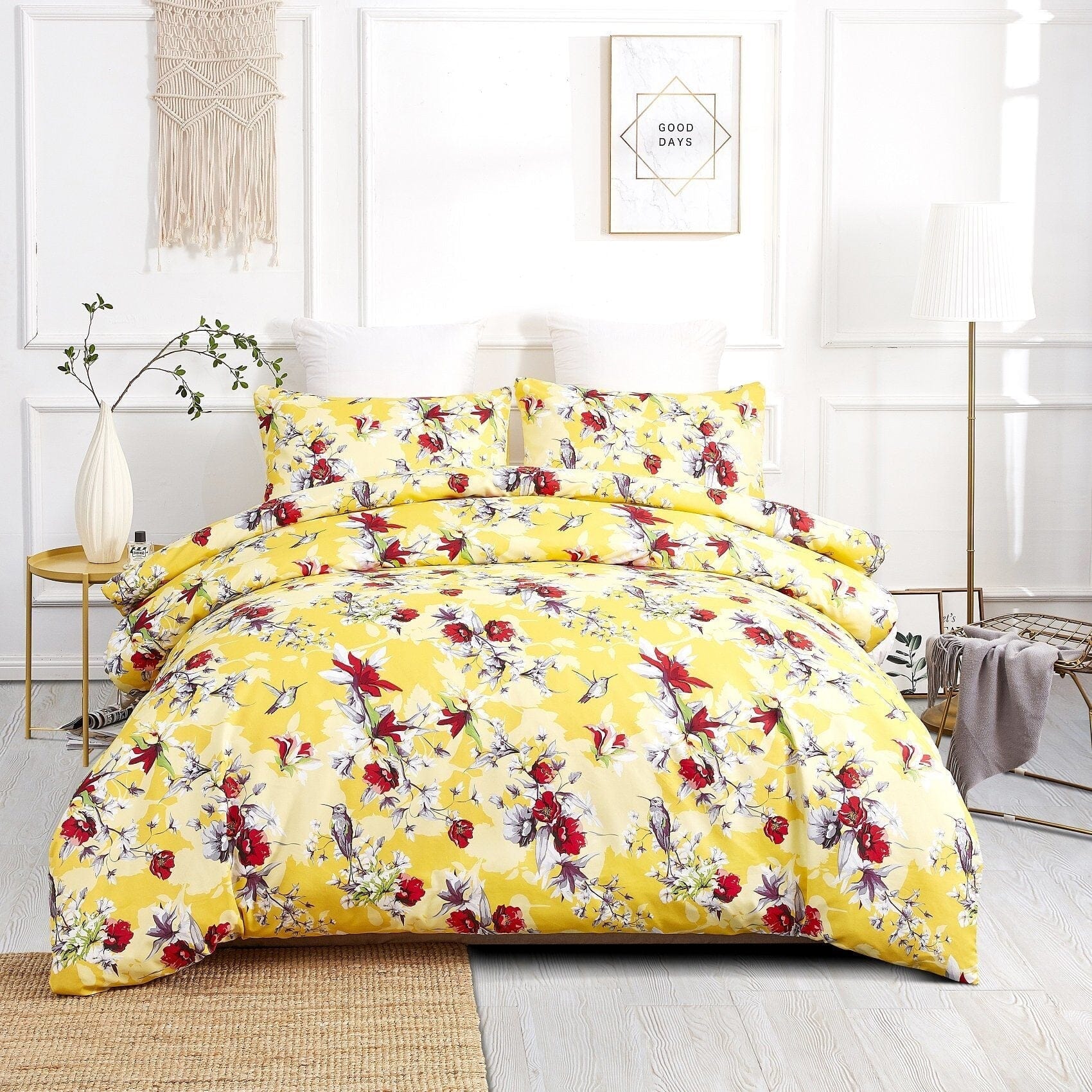  DaDa Bedding Collection DaDa Bedding Sunshine Yellow Hummingbirds Floral Duvet Cover & Fitted Flat Bed Sheets Set w/ Pillow Cases Window Valances (925) by DaDa Bedding Collection - Twin - Bonton