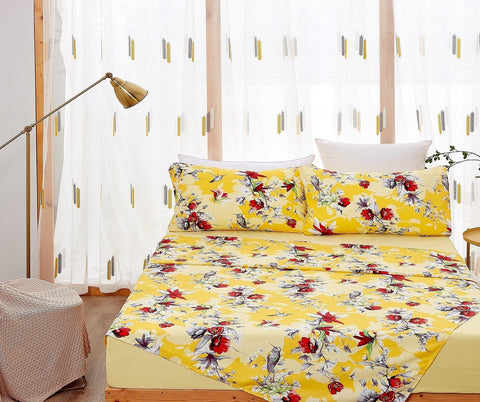 DaDa Bedding Sunshine Yellow Hummingbirds Floral Fitted & Flat Bed Sheets Set (JHW-925) - DaDa Bedding Collection