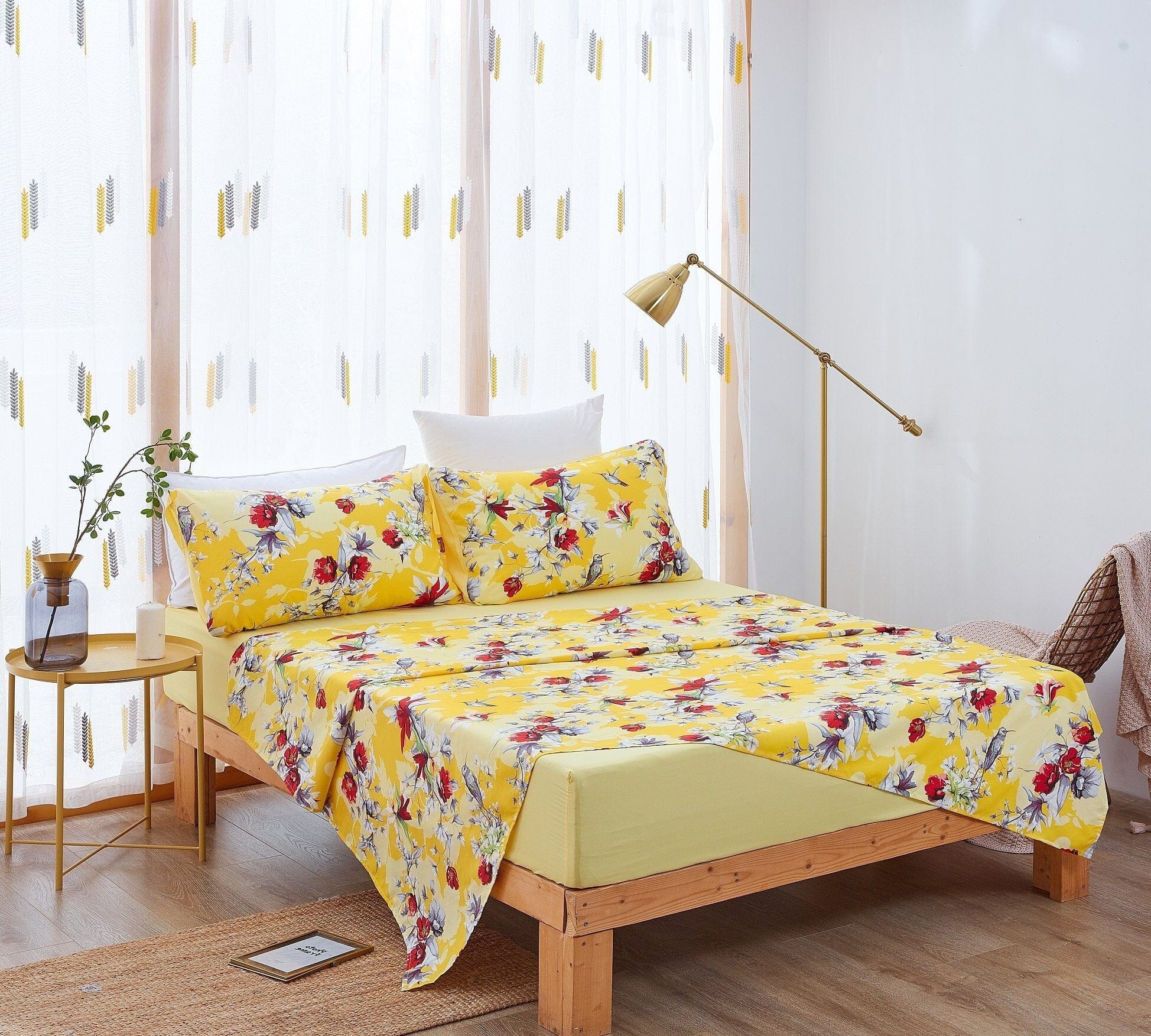  DaDa Bedding Collection DaDa Bedding Sunshine Yellow Hummingbirds Floral Fitted & Flat Bed Sheets Set (JHW-925) by DaDa Bedding Collection - Twin - Bonton