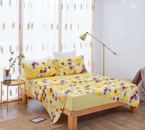 DaDa Bedding Sunshine Yellow Hummingbirds Floral Fitted & Flat Bed Sheets Set (JHW-925) - DaDa Bedding Collection