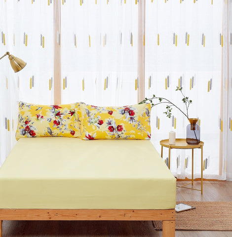 DaDa Bedding Sunshine Yellow Hummingbirds Floral Fitted & Flat Bed Sheets Set (JHW-925) - DaDa Bedding Collection