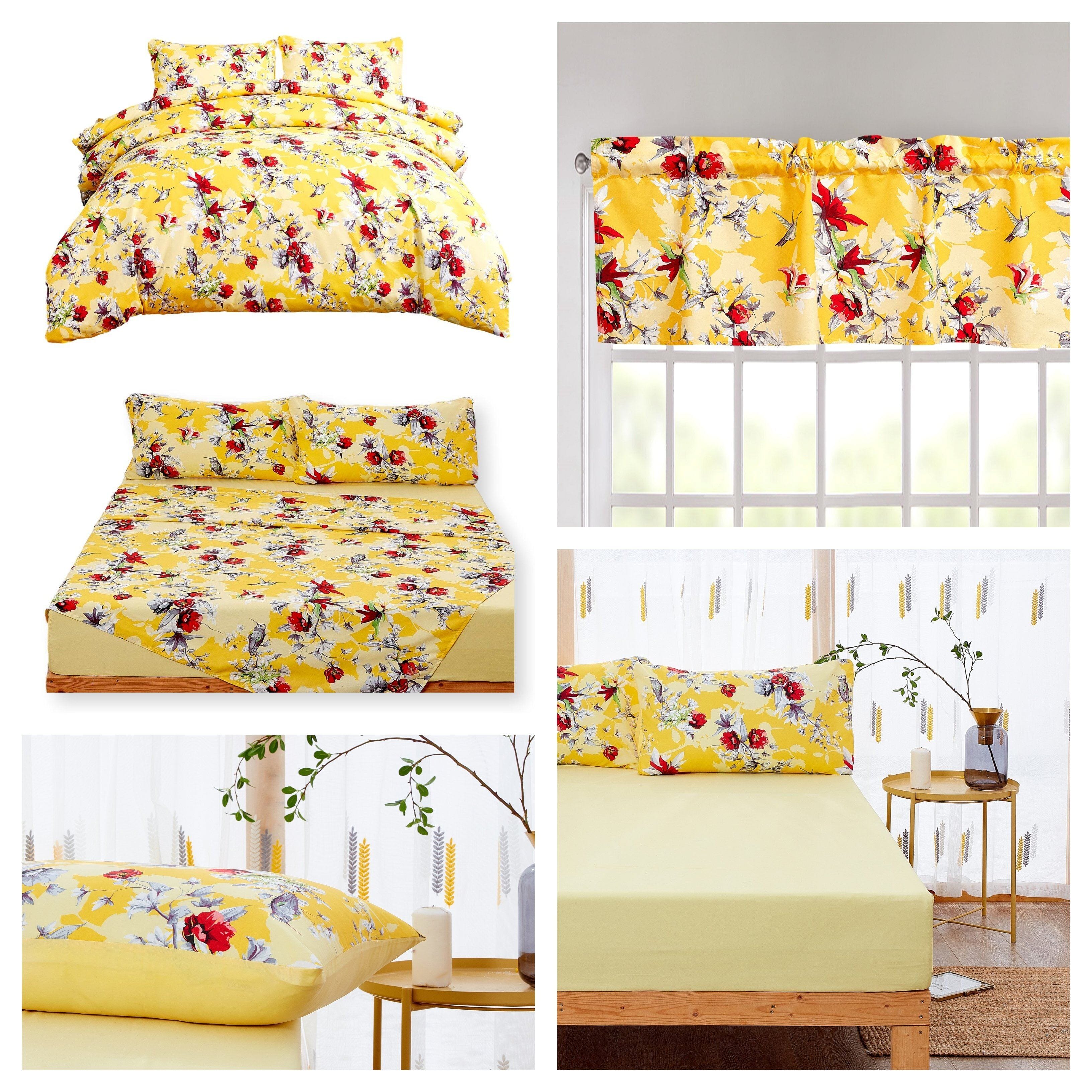  DaDa Bedding Collection DaDa Bedding Sunshine Yellow Hummingbirds Floral Duvet Cover & Fitted Flat Bed Sheets Set w/ Pillow Cases Window Valances (925) by DaDa Bedding Collection - Twin - Bonton