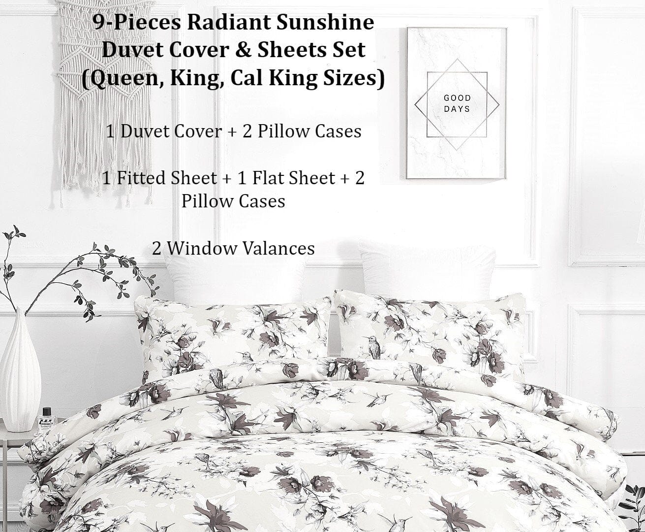  DaDa Bedding Collection DaDa Bedding Sunshine Yellow Hummingbirds Floral Duvet Cover & Fitted Flat Bed Sheets Set w/ Pillow Cases Window Valances (925) by DaDa Bedding Collection - Twin - Bonton