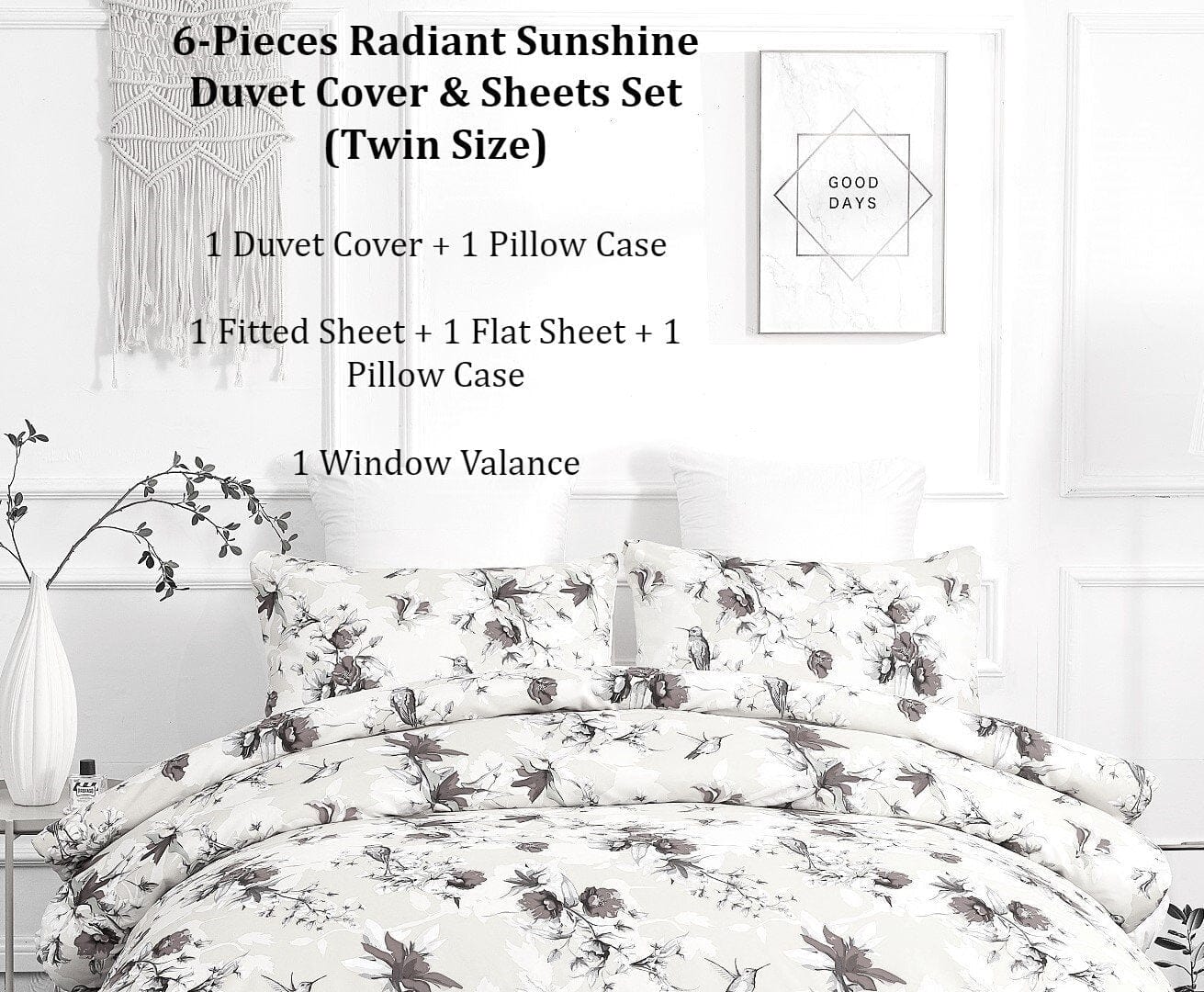  DaDa Bedding Collection DaDa Bedding Sunshine Yellow Hummingbirds Floral Duvet Cover & Fitted Flat Bed Sheets Set w/ Pillow Cases Window Valances (925) by DaDa Bedding Collection - Twin - Bonton