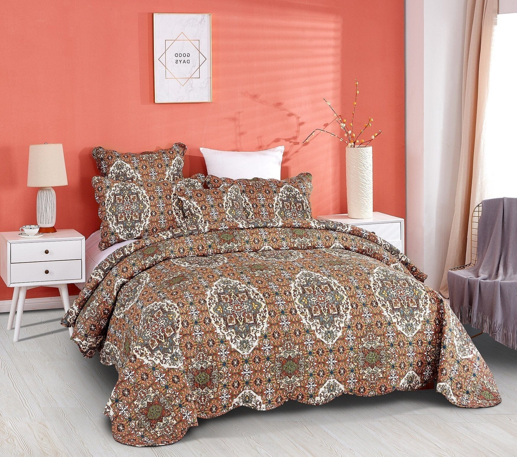  DaDa Bedding Collection DaDa Bedding Rustic Earthy Cross Motif Folk Ogee Moroccan Scalloped Quilted Bedspread Set (JHW-944) by DaDa Bedding Collection - Cal King - Bonton