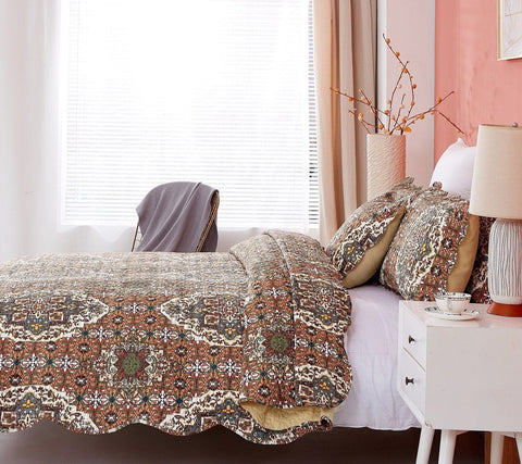 DaDa Bedding Rustic Earthy Cross Motif Folk Ogee Moroccan Scalloped Quilted Bedspread Set (JHW-944) - DaDa Bedding Collection